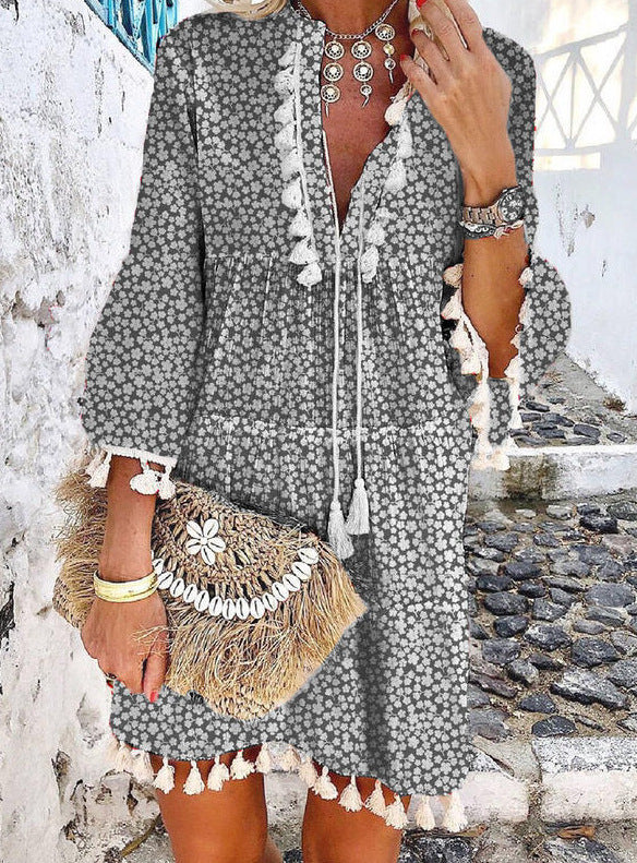 Women's Bohemian Mini Dress - V-Neck Tassel Detail - Bell Sleeve Floral Casual Wear by Lumina Vancouver