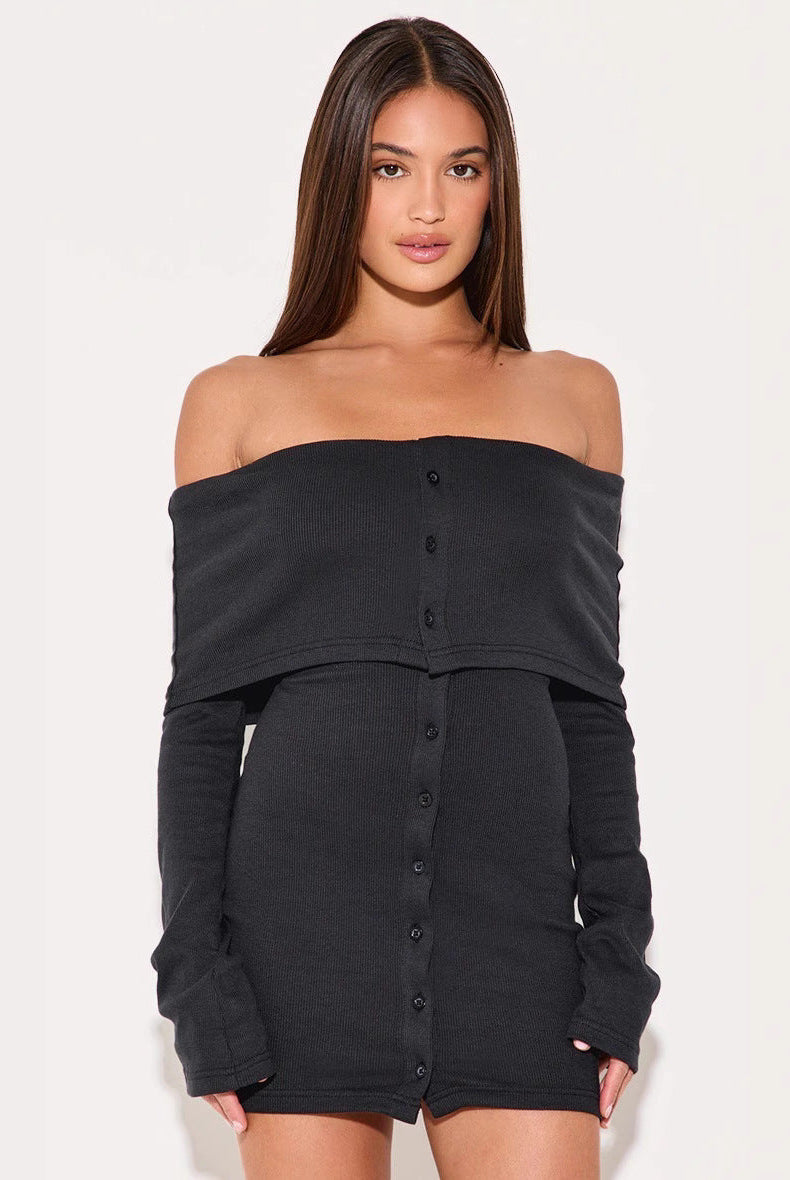 Women’s Off-Shoulder Dress – Slim Fit – Ribbed Knit – Button Front Mini – Long Sleeve by Lumina Vancouver