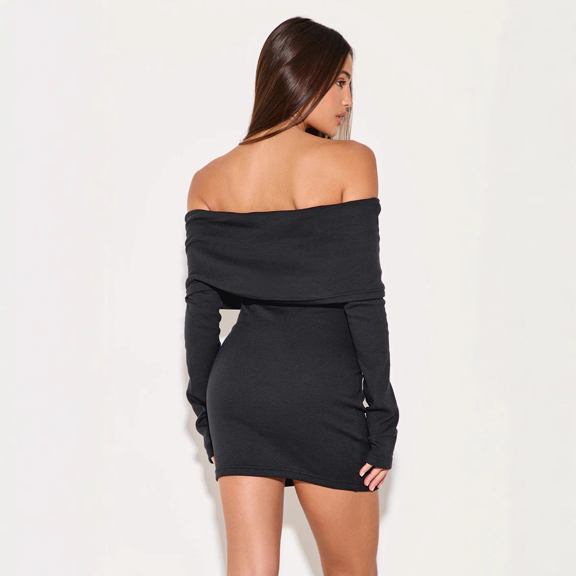 Women’s Off-Shoulder Dress – Slim Fit – Ribbed Knit – Button Front Mini – Long Sleeve by Lumina Vancouver