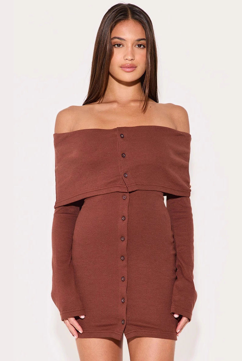 Women’s Off-Shoulder Dress – Slim Fit – Ribbed Knit – Button Front Mini – Long Sleeve by Lumina Vancouver