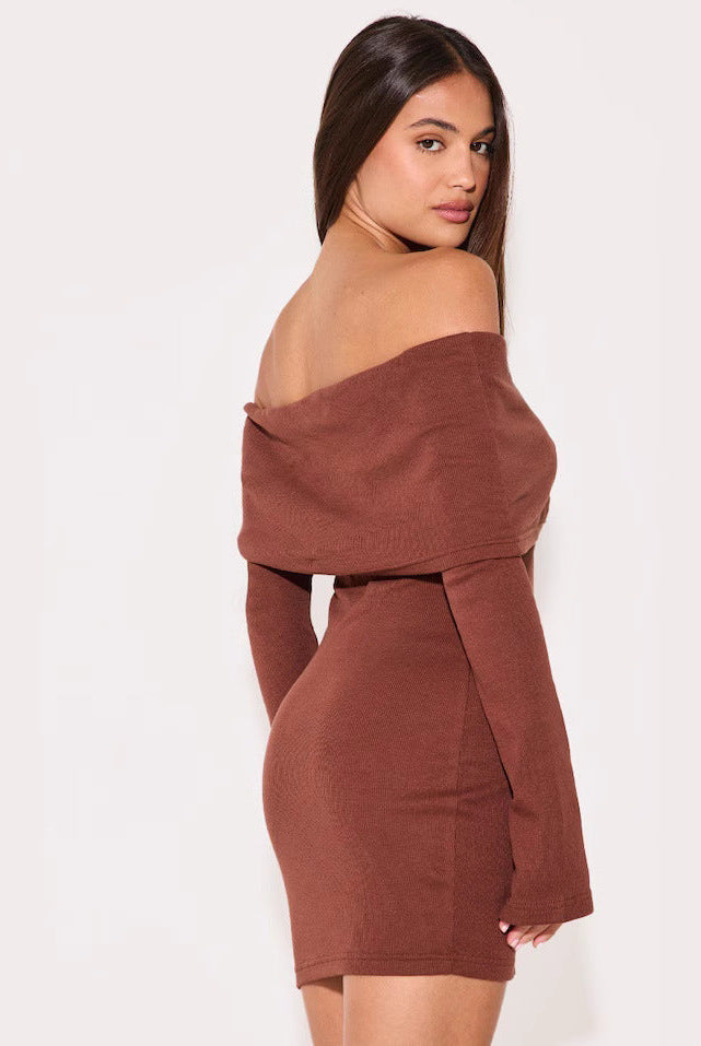 Women’s Off-Shoulder Dress – Slim Fit – Ribbed Knit – Button Front Mini – Long Sleeve by Lumina Vancouver