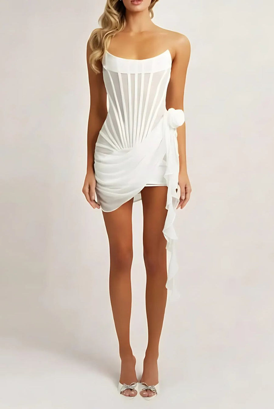 Women’s Corset Mini Dress – Strapless – Sheer Fabric – Boned Bodice – Draped Detail by Lumina Vancouver