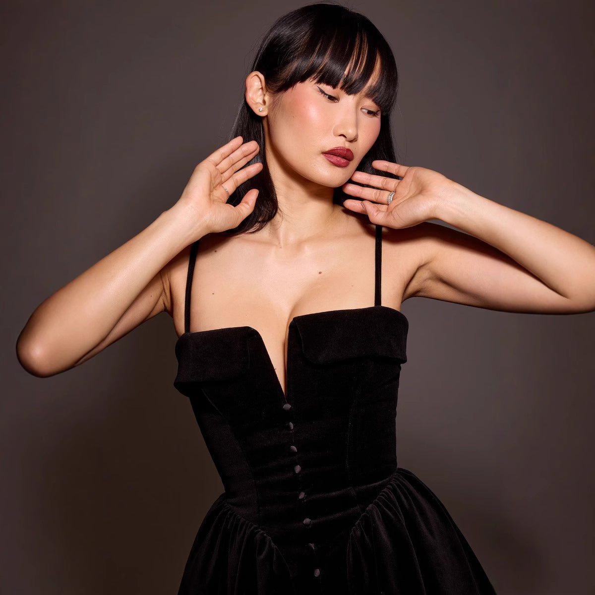 Women’s Mini Dress – Velvet A-Line – V-Neck – Thin Straps – Decorative Buttons by Lumina Vancouver