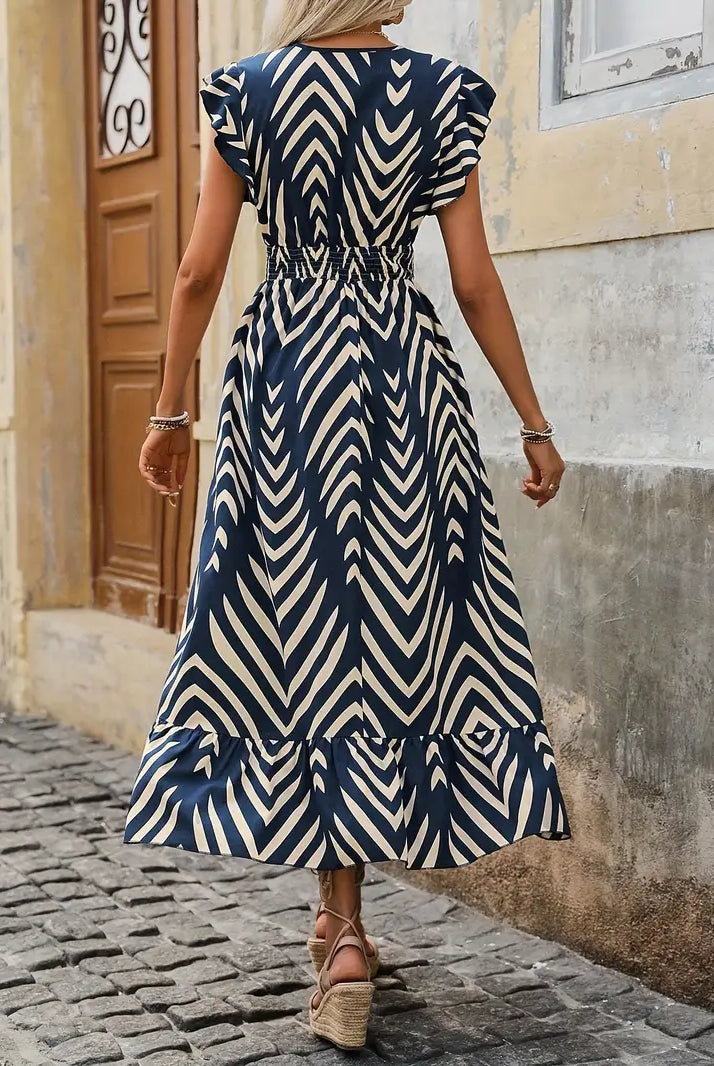 Women's Dress - Sleeveless V-Neck - Cinched Waist - Ruffled Hem - Geometric Pattern by Lumina Vancouver