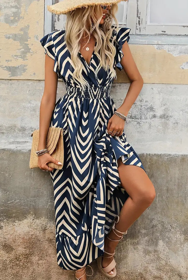 Women's Dress - Sleeveless V-Neck - Cinched Waist - Ruffled Hem - Geometric Pattern by Lumina Vancouver