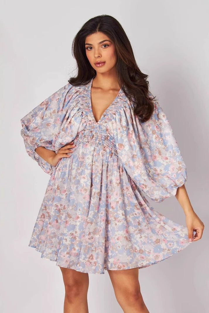 Women’s Short Dress – Chiffon – V-Neck – Ruched Waist – Floral – Bishop Sleeve by Lumina Vancouver