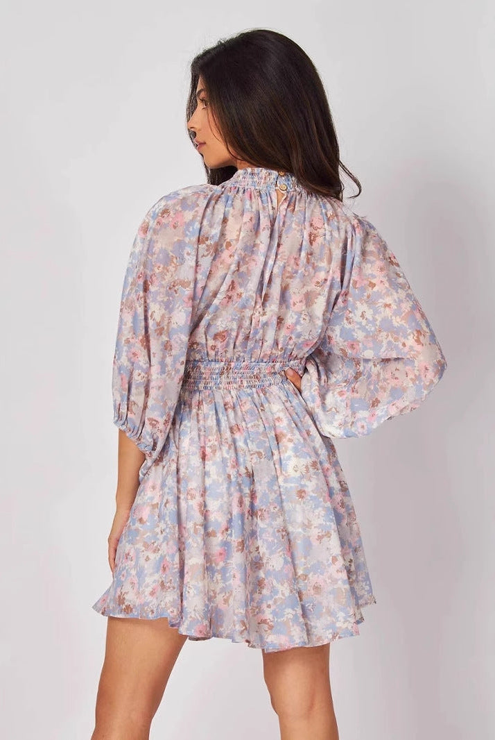 Women’s Short Dress – Chiffon – V-Neck – Ruched Waist – Floral – Bishop Sleeve by Lumina Vancouver