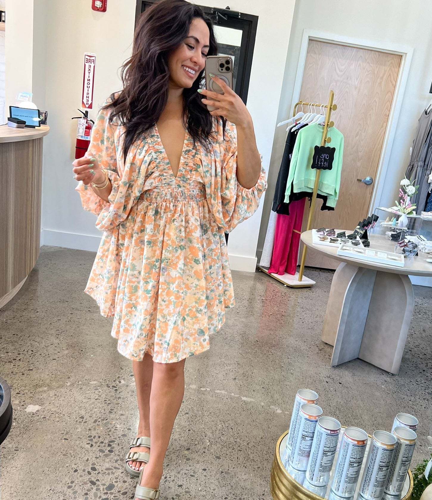 Women’s Short Dress – Chiffon – V-Neck – Ruched Waist – Floral – Bishop Sleeve by Lumina Vancouver