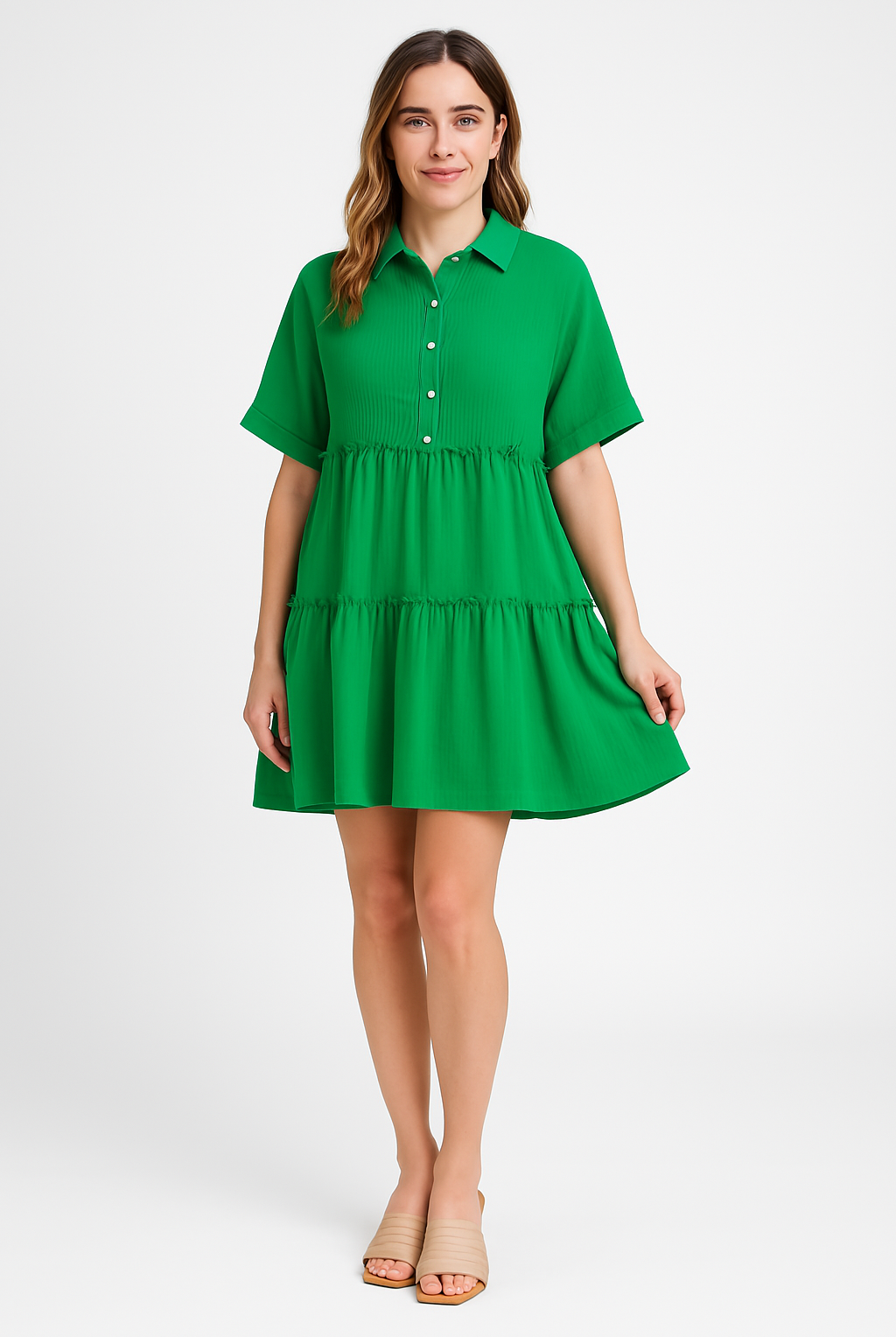 Women’s Mini Dress – Cotton Linen Blend – Loose Fit – Tiered – Collared Short Sleeve by Lumina Vancouver