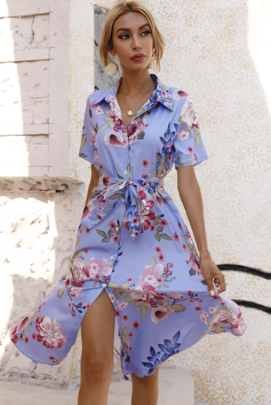 Women's Shirt Dress - Button Down - Short Sleeve - Floral Print - Tie Waist by Lumina Vancouver