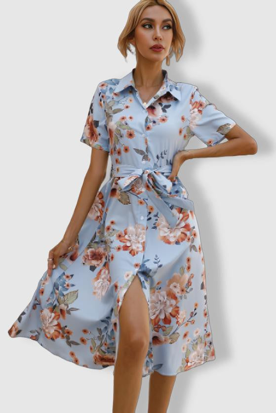 Women's Shirt Dress - Button Down - Short Sleeve - Floral Print - Tie Waist by Lumina Vancouver
