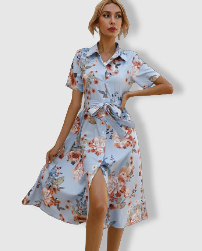 Women's Shirt Dress - Button Down - Short Sleeve - Floral Print - Tie Waist by Lumina Vancouver