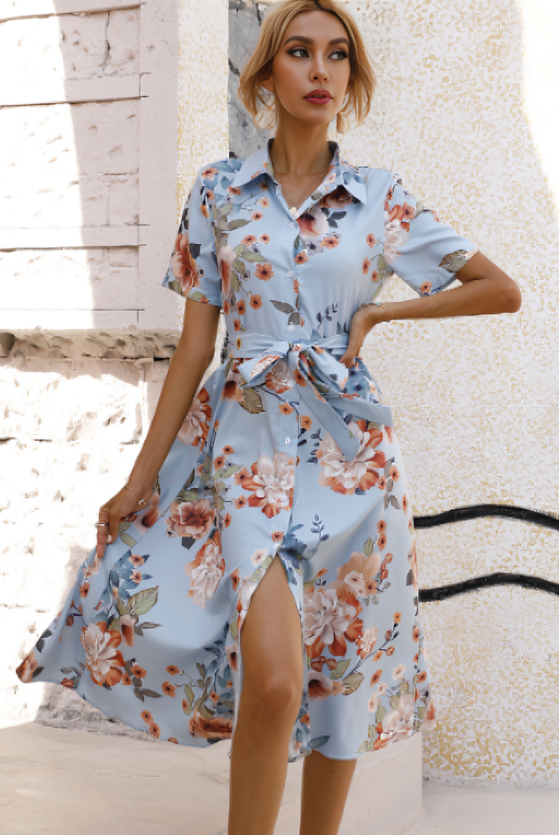 Women's Shirt Dress - Button Down - Short Sleeve - Floral Print - Tie Waist by Lumina Vancouver