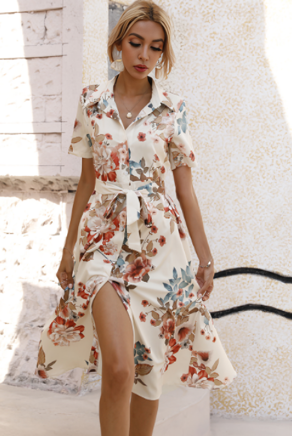 Women's Shirt Dress - Button Down - Short Sleeve - Floral Print - Tie Waist by Lumina Vancouver