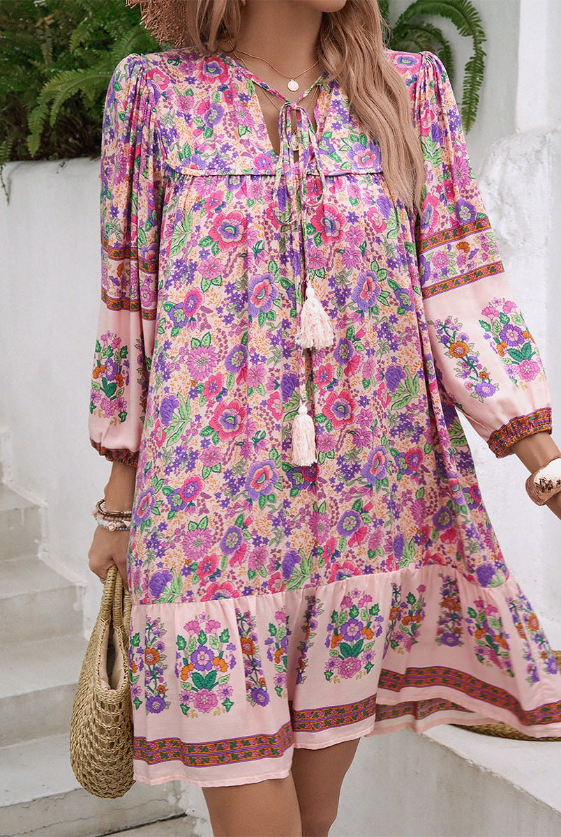 Women’s Boho Dress – V-Neck – Floral Print – Tiered Hem – Cotton Blend – 3/4 Sleeve by Lumina Vancouver