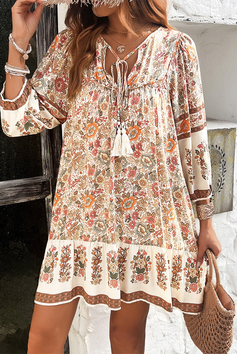Women’s Boho Dress – V-Neck – Floral Print – Tiered Hem – Cotton Blend – 3/4 Sleeve by Lumina Vancouver