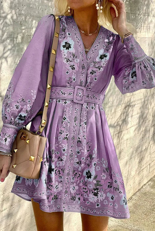 Women's Mini Dress - A-Line Fit - V-Neck - Long Puff Sleeves - Floral Belted Waist by Lumina Vancouver