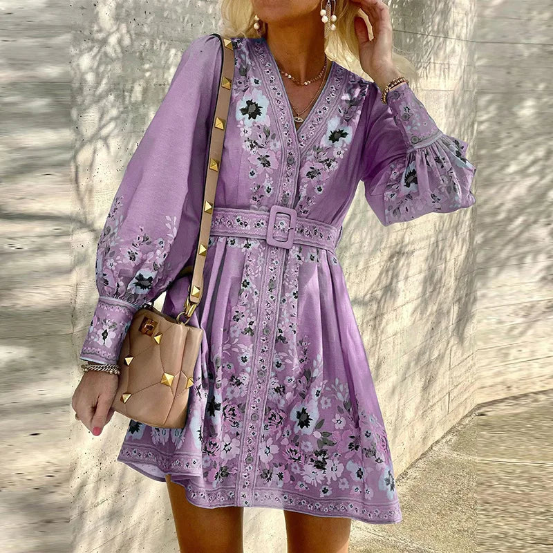 Women's Mini Dress - A-Line Fit - V-Neck - Long Puff Sleeves - Floral Belted Waist by Lumina Vancouver