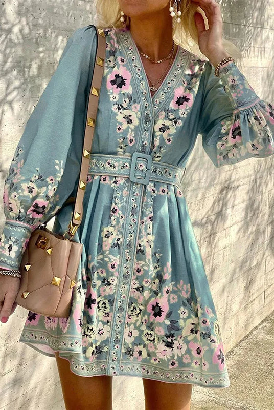 Women's Mini Dress - A-Line Fit - V-Neck - Long Puff Sleeves - Floral Belted Waist by Lumina Vancouver