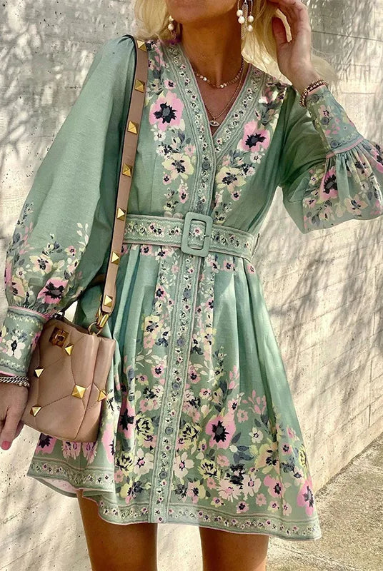 Women's Mini Dress - A-Line Fit - V-Neck - Long Puff Sleeves - Floral Belted Waist by Lumina Vancouver