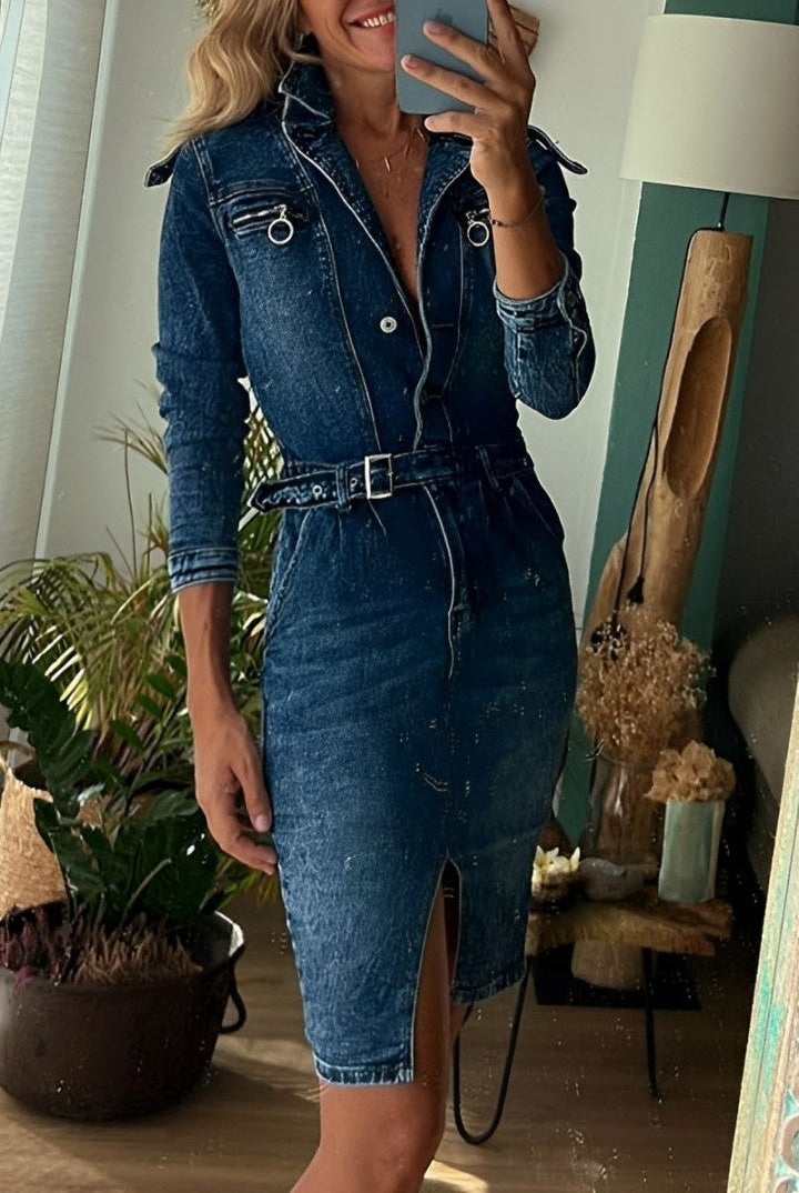 Women's Denim Dress - Tailored Fit - Long Sleeve Button Front with Waist Belt by Lumina Vancouver