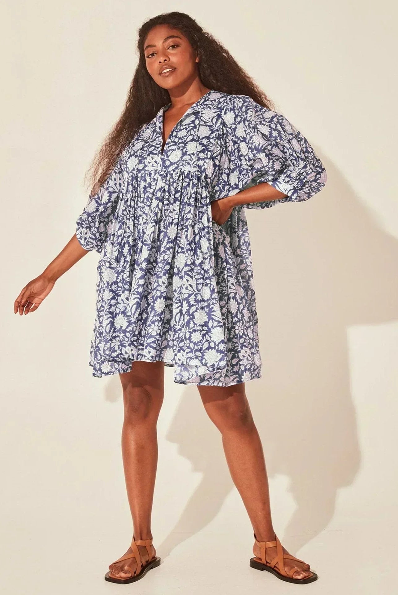 Women's Dress - Flowy Bohemian Style - Three-Quarter Sleeve - Floral Print Casual Wear by Lumina Vancouver