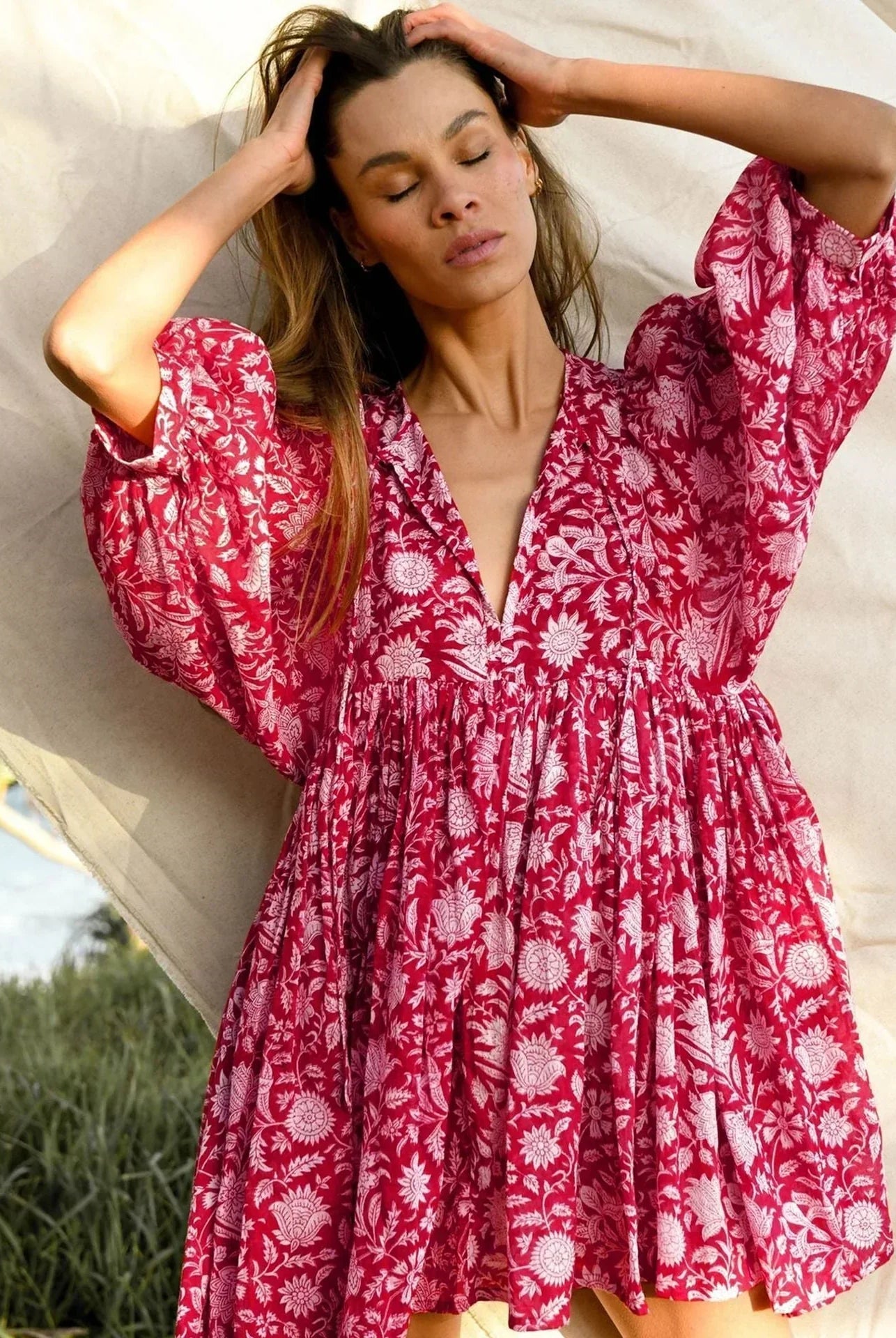 Women's Dress - Flowy Bohemian Style - Three-Quarter Sleeve - Floral Print Casual Wear by Lumina Vancouver