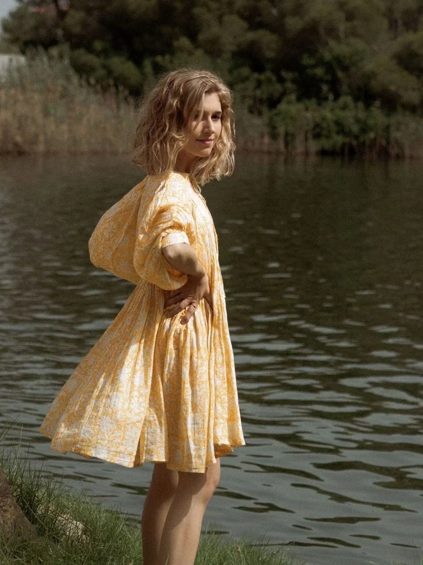 Women's Dress - Flowy Bohemian Style - Three-Quarter Sleeve - Floral Print Casual Wear by Lumina Vancouver