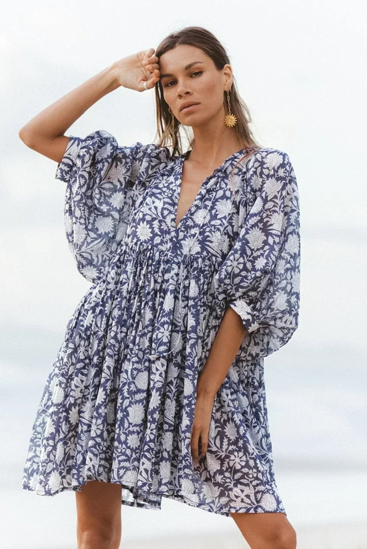 Women's Dress - Flowy Bohemian Style - Three-Quarter Sleeve - Floral Print Casual Wear by Lumina Vancouver