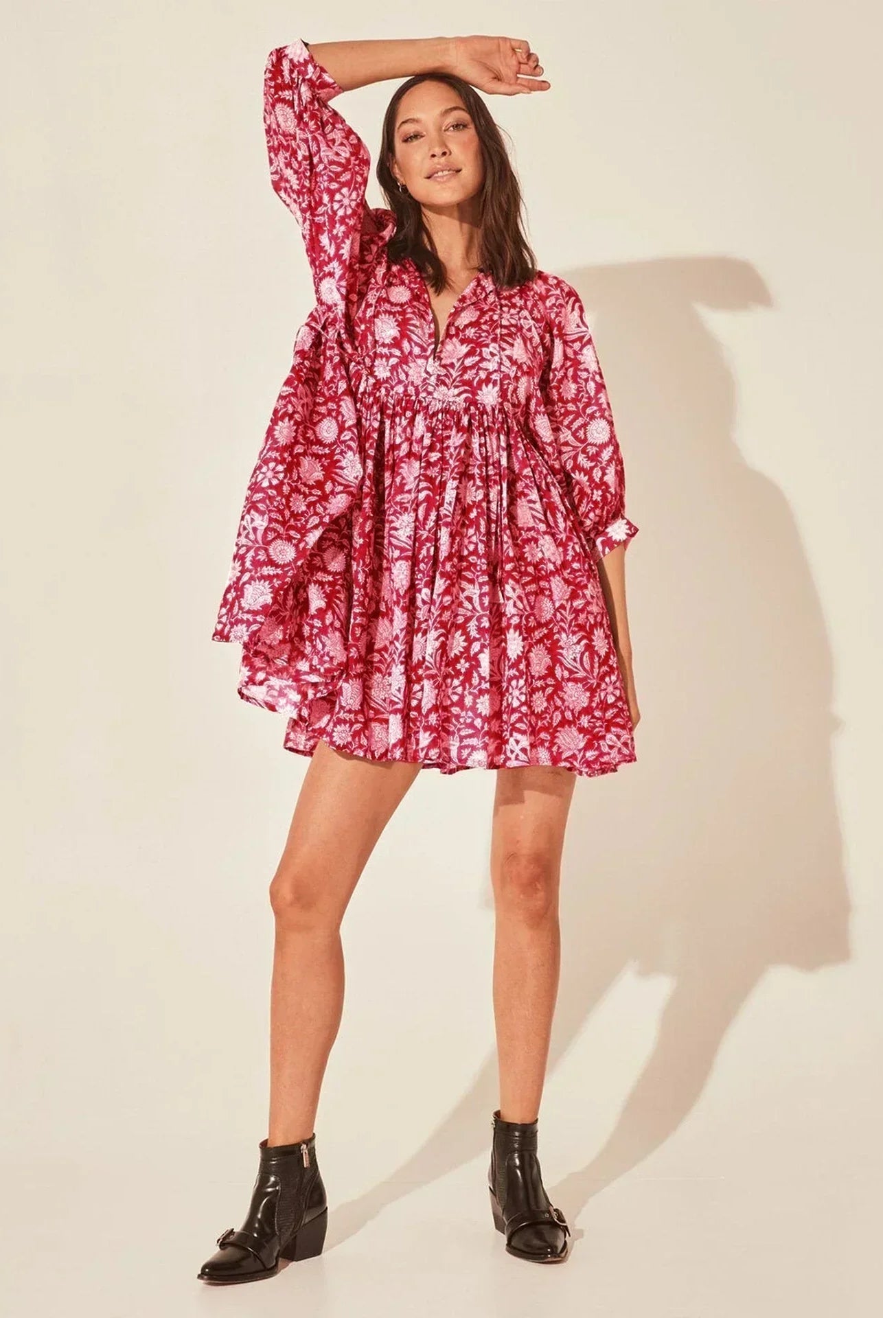 Women's Dress - Flowy Bohemian Style - Three-Quarter Sleeve - Floral Print Casual Wear by Lumina Vancouver