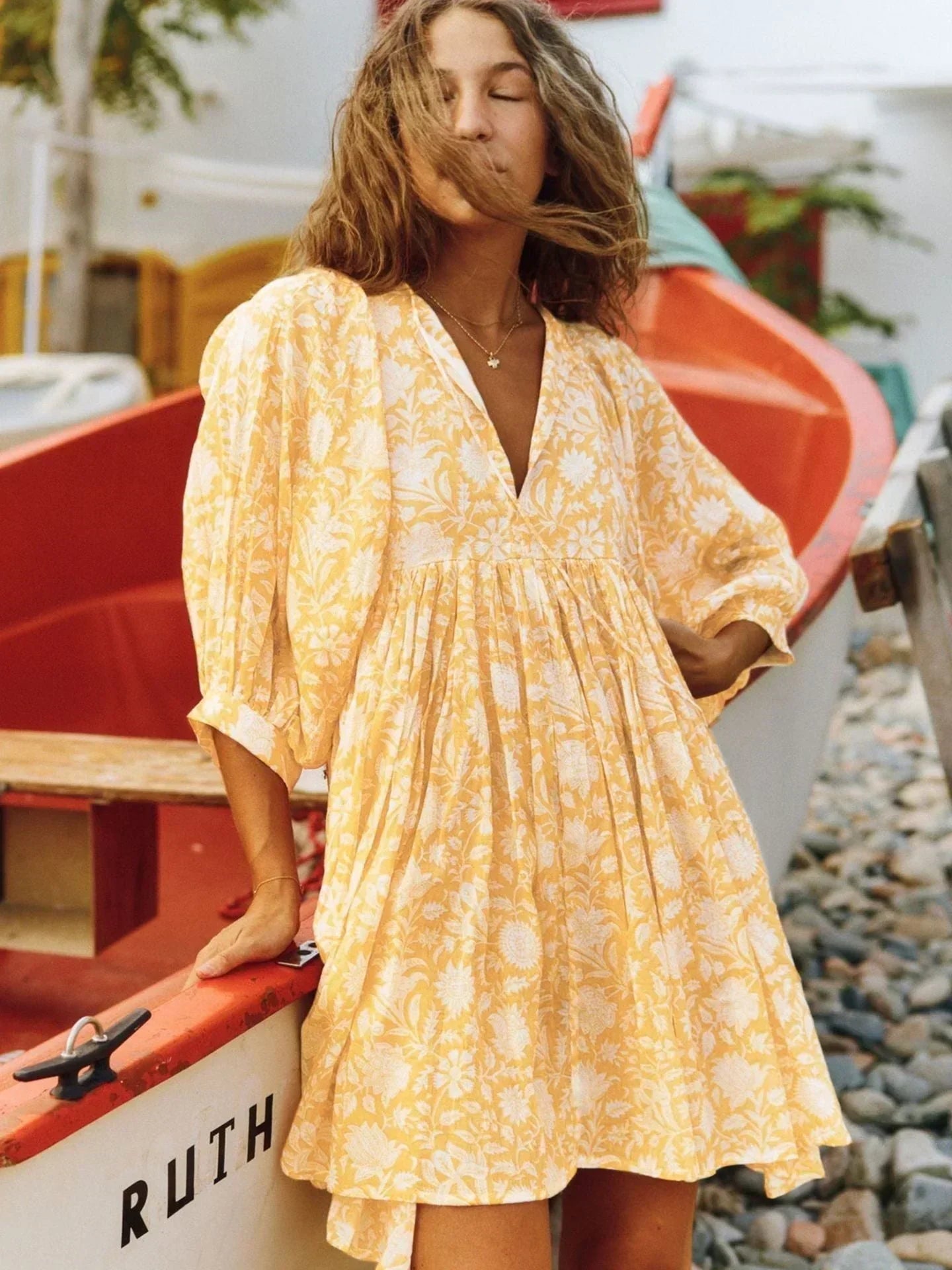 Women's Dress - Flowy Bohemian Style - Three-Quarter Sleeve - Floral Print Casual Wear by Lumina Vancouver