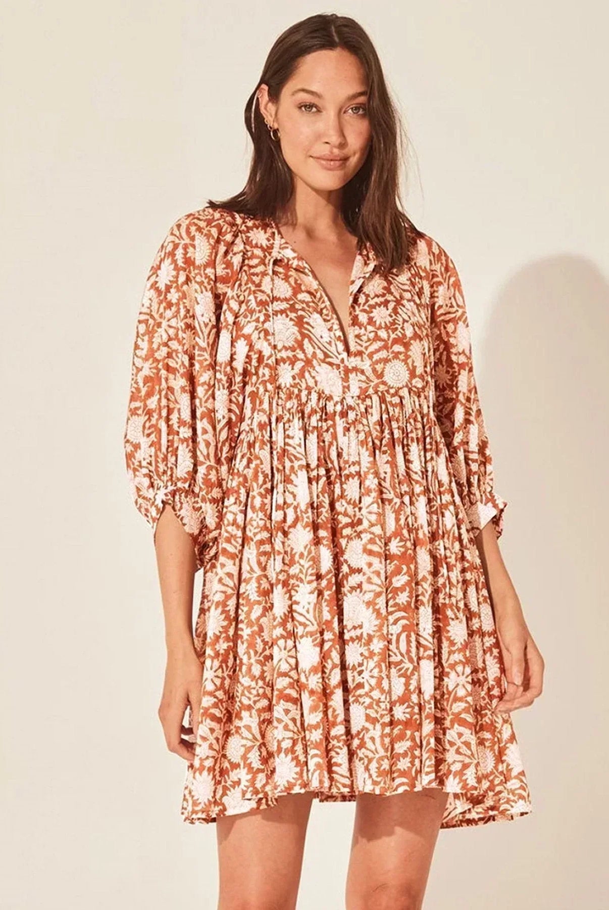 Women's Dress - Flowy Bohemian Style - Three-Quarter Sleeve - Floral Print Casual Wear by Lumina Vancouver