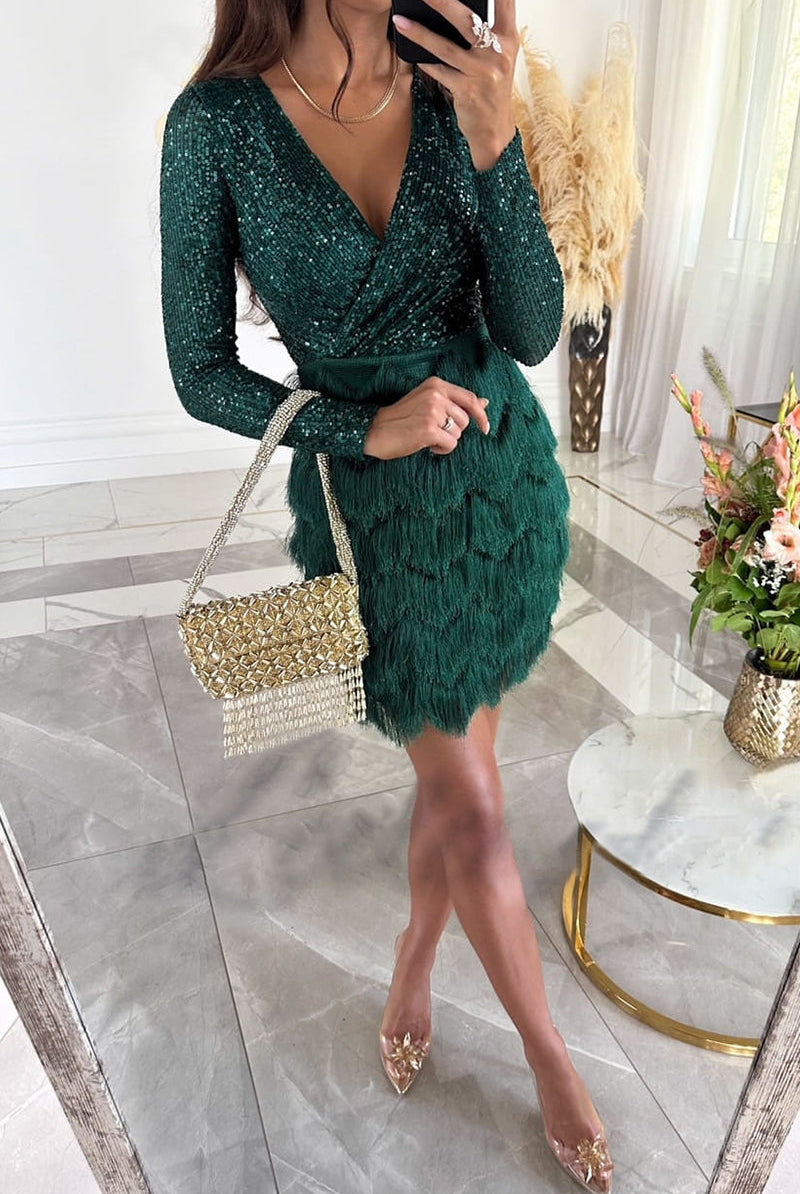 Women's Sequin Wrap Dress - V-Neck Long Sleeve - Feather Textured Skirt - Elegant Fit by Lumina Vancouver