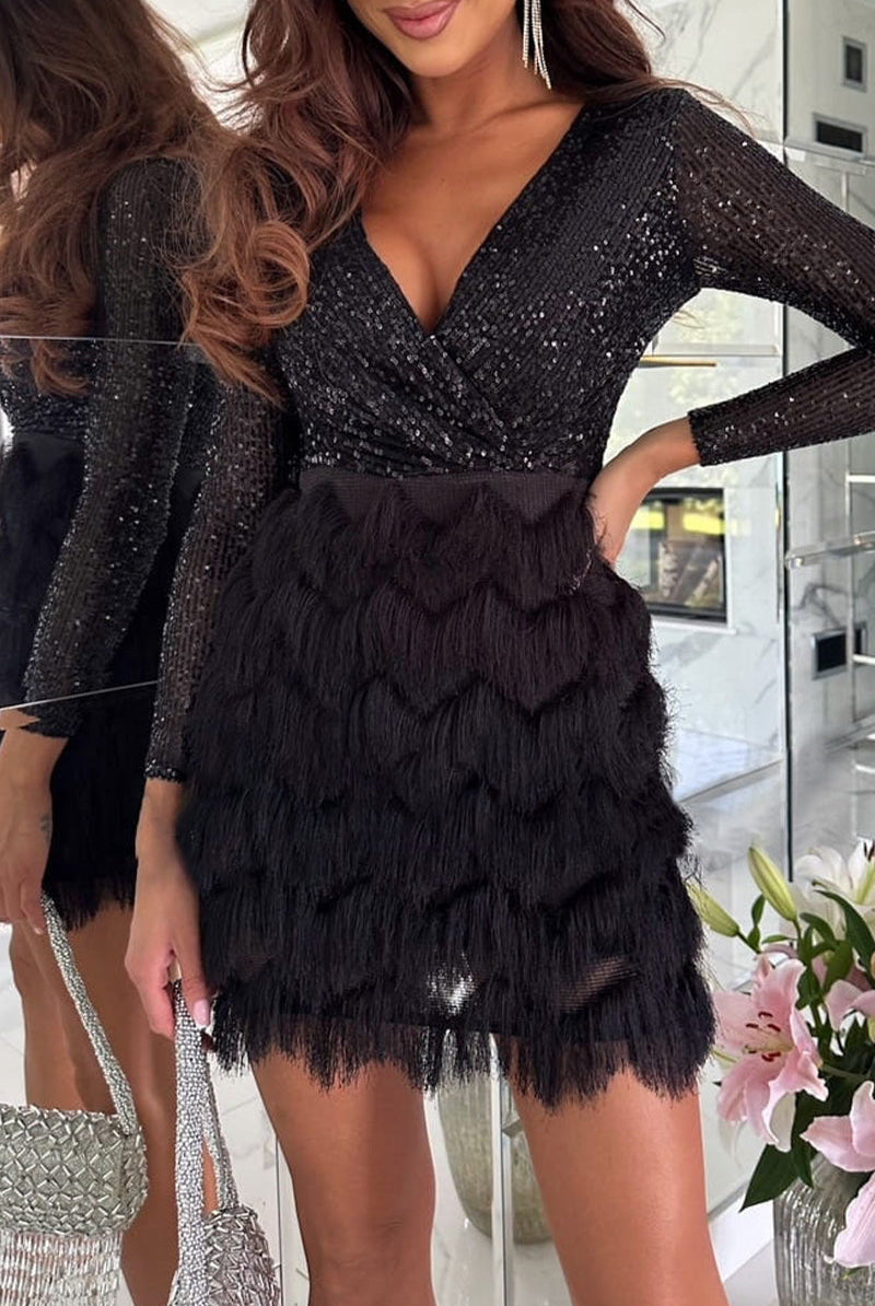 Women's Sequin Wrap Dress - V-Neck Long Sleeve - Feather Textured Skirt - Elegant Fit by Lumina Vancouver