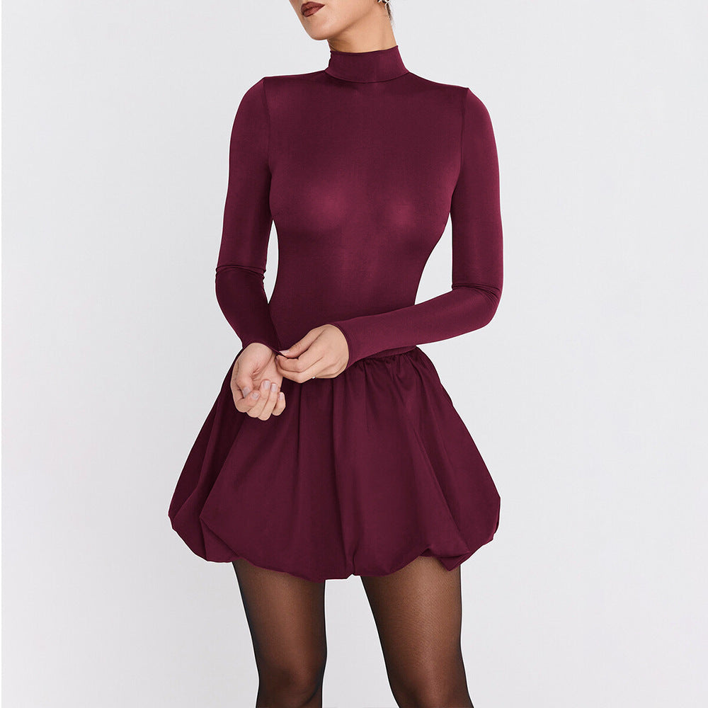 Women’s A-Line Mini Dress – Slim Fit – High Neck – Long Sleeve – Gathered Skirt by Lumina Vancouver