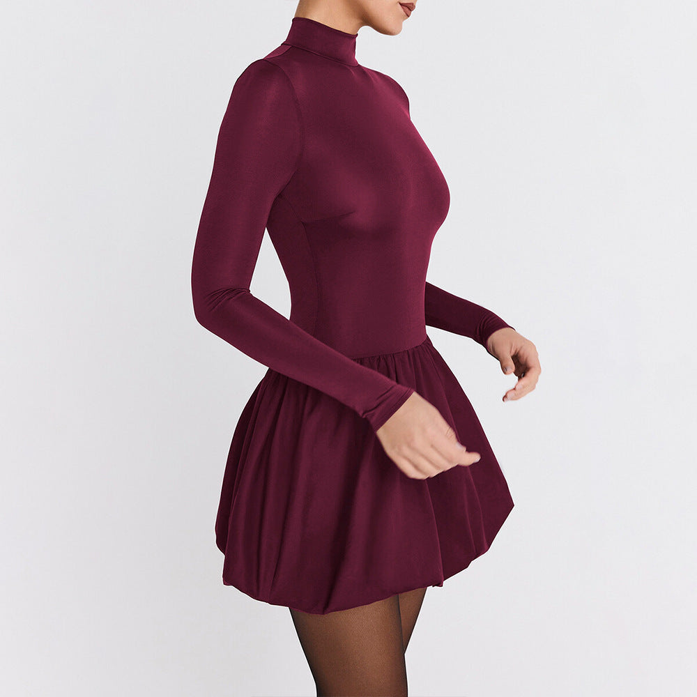 Women’s A-Line Mini Dress – Slim Fit – High Neck – Long Sleeve – Gathered Skirt by Lumina Vancouver