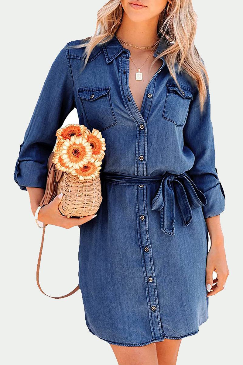 Women's Denim Shirt Dress - Button Down - Long Sleeve - Belted Waist - Casual Chic by Lumina Vancouver