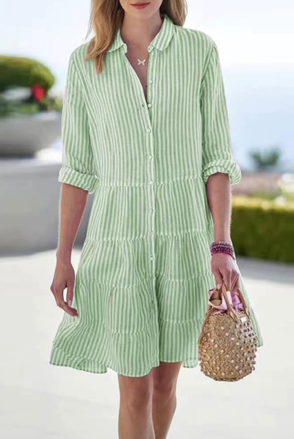 Women's Button-Up Dress - Striped - Tiered Skirt - Rolled 3/4 Sleeves - Classic Collar by Lumina Vancouver