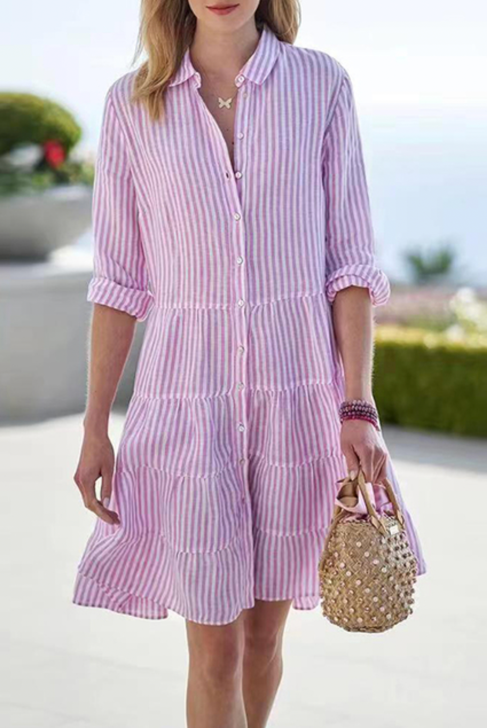 Women's Button-Up Dress - Striped - Tiered Skirt - Rolled 3/4 Sleeves - Classic Collar by Lumina Vancouver