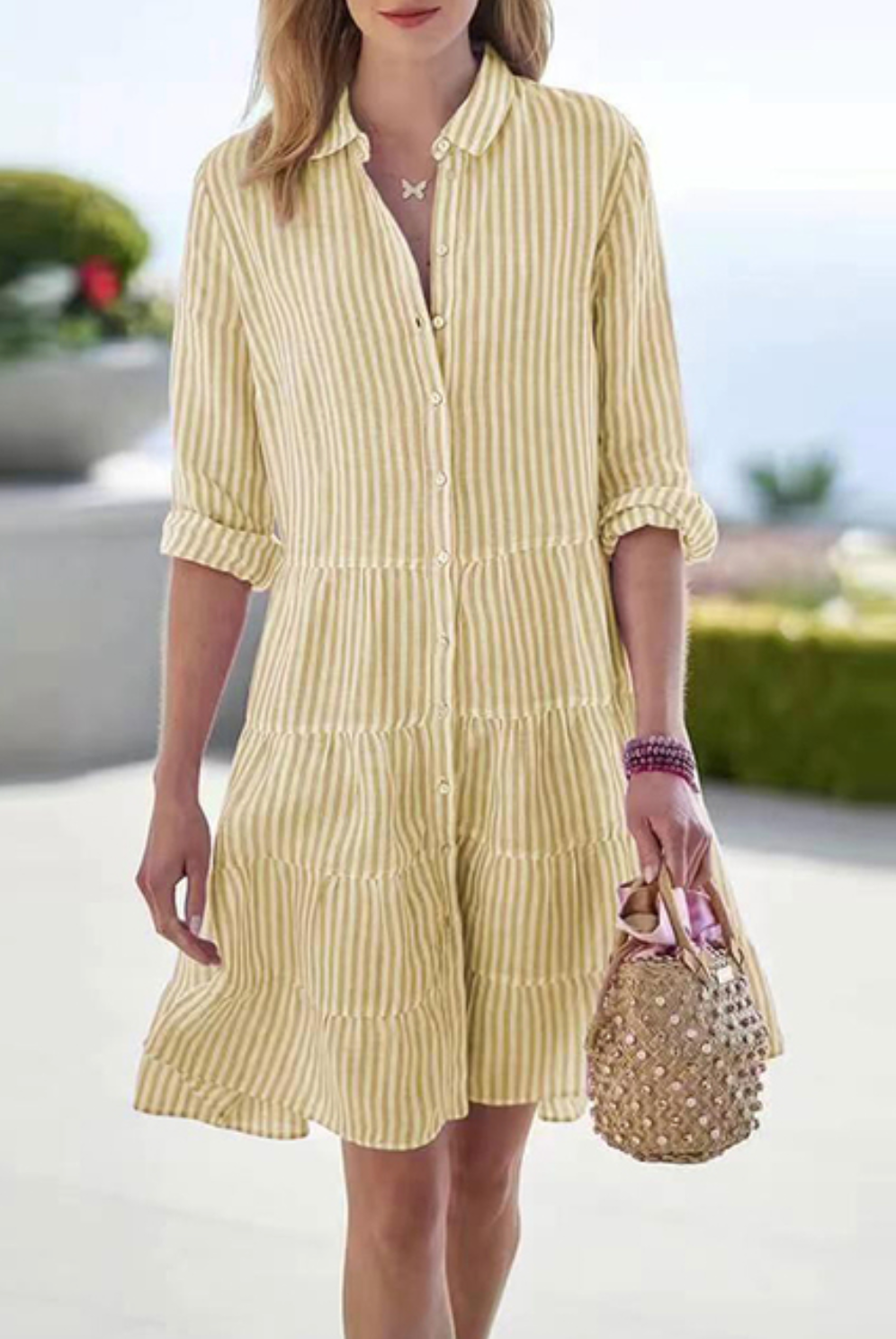 Women's Button-Up Dress - Striped - Tiered Skirt - Rolled 3/4 Sleeves - Classic Collar by Lumina Vancouver