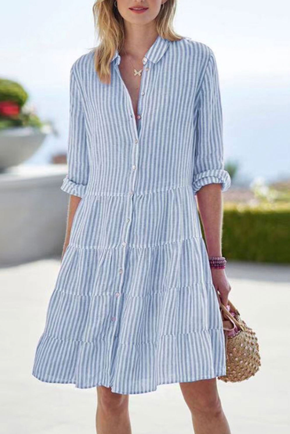 Women's Button-Up Dress - Striped - Tiered Skirt - Rolled 3/4 Sleeves - Classic Collar by Lumina Vancouver