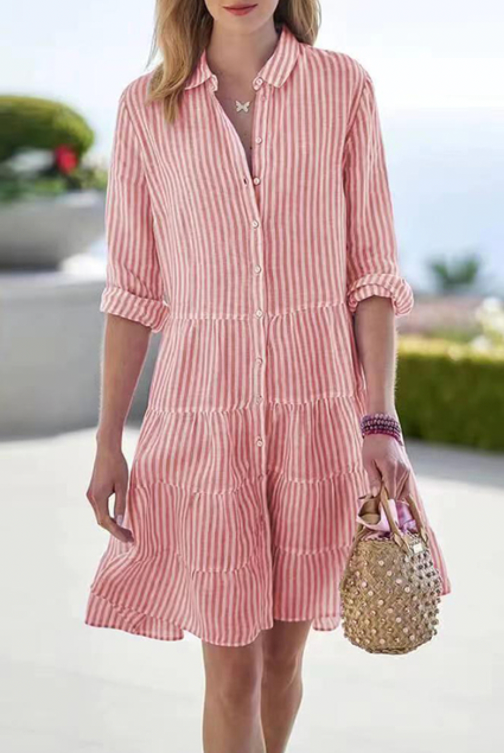 Women's Button-Up Dress - Striped - Tiered Skirt - Rolled 3/4 Sleeves - Classic Collar by Lumina Vancouver