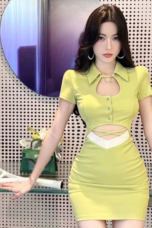Women's Mini Dress - Slim Fit - Short Sleeve - Cutout Design - Button Front by Lumina Vancouver