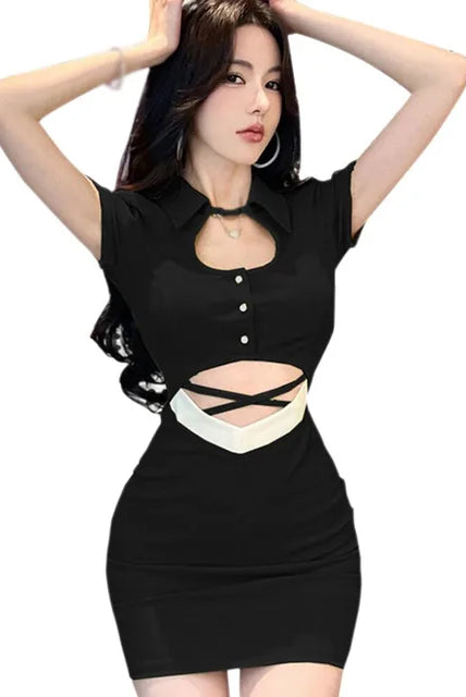 Women's Mini Dress - Slim Fit - Short Sleeve - Cutout Design - Button Front by Lumina Vancouver