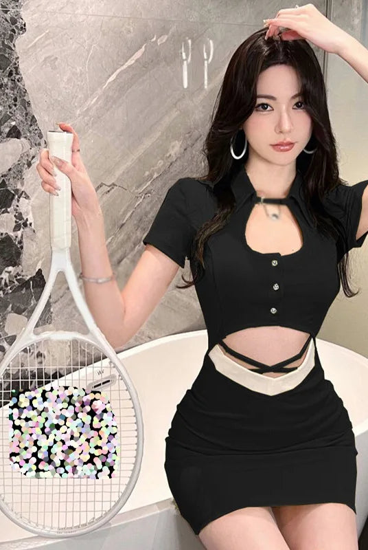 Women's Mini Dress - Slim Fit - Short Sleeve - Cutout Design - Button Front by Lumina Vancouver