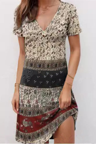 Women’s Mini Dress – Relaxed Fit – Deep V-Neck – Short Sleeve Boho Patchwork Cotton by Lumina Vancouver