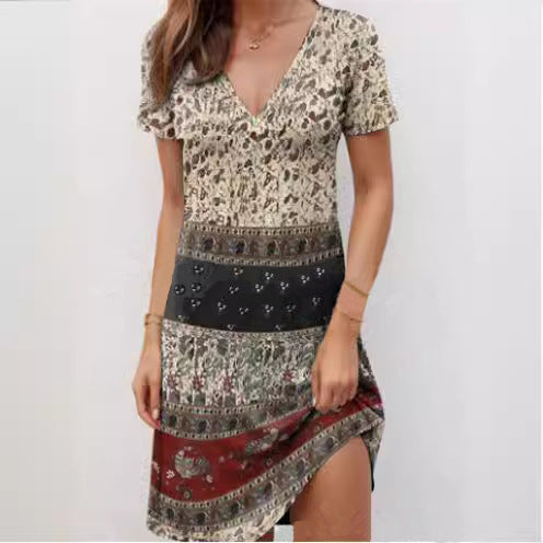 Women’s Mini Dress – Relaxed Fit – Deep V-Neck – Short Sleeve Boho Patchwork Cotton by Lumina Vancouver
