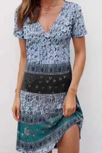 Women’s Mini Dress – Relaxed Fit – Deep V-Neck – Short Sleeve Boho Patchwork Cotton by Lumina Vancouver