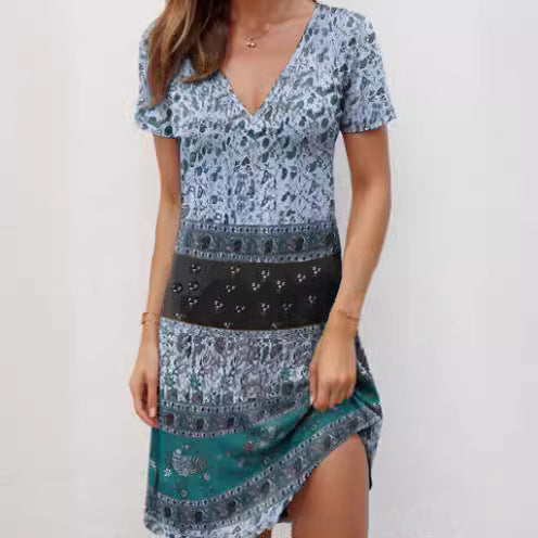 Women’s Mini Dress – Relaxed Fit – Deep V-Neck – Short Sleeve Boho Patchwork Cotton by Lumina Vancouver