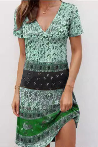 Women’s Mini Dress – Relaxed Fit – Deep V-Neck – Short Sleeve Boho Patchwork Cotton by Lumina Vancouver